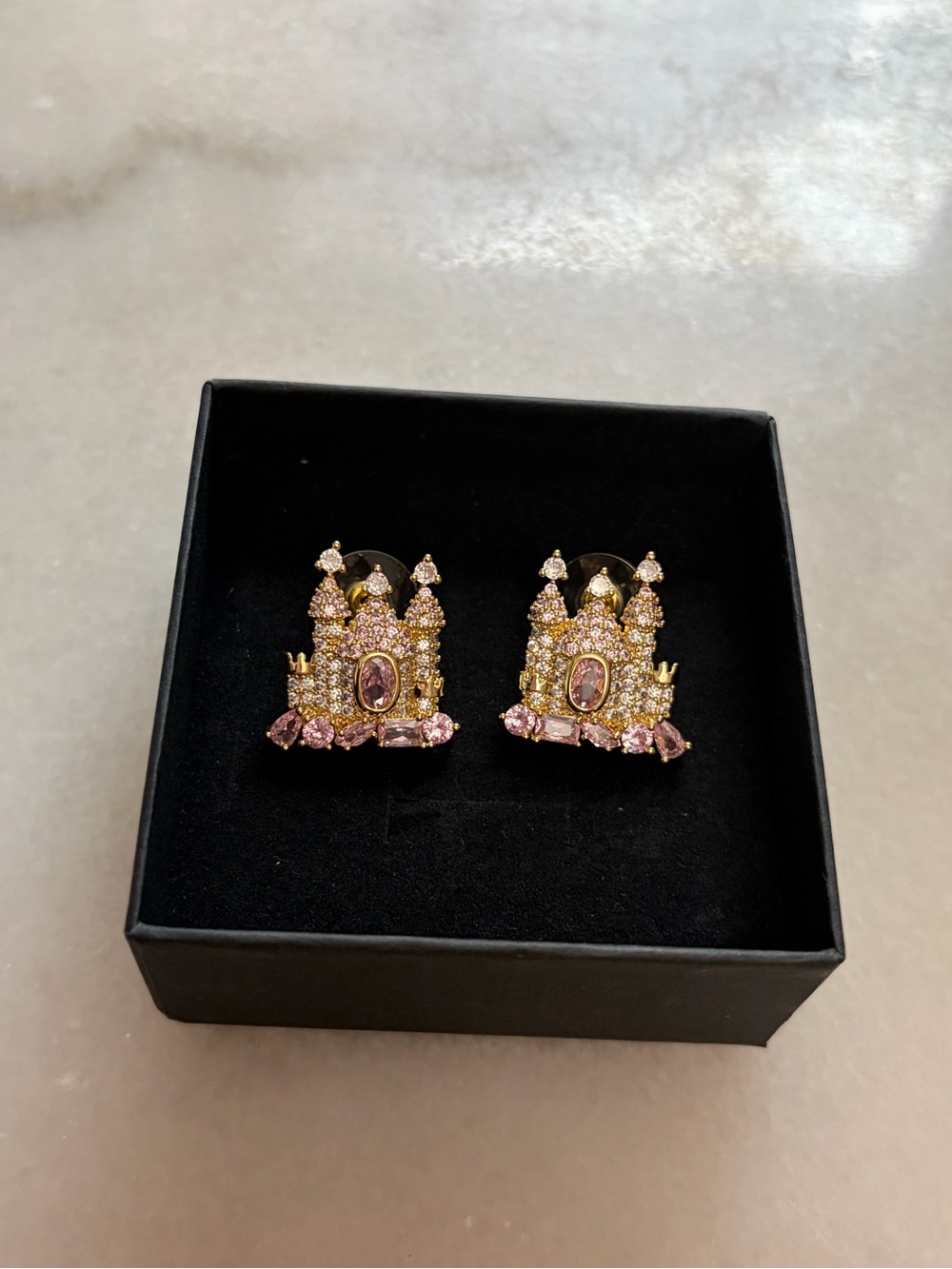Pink Crystal Castle Stud Earrings - Gold Tone